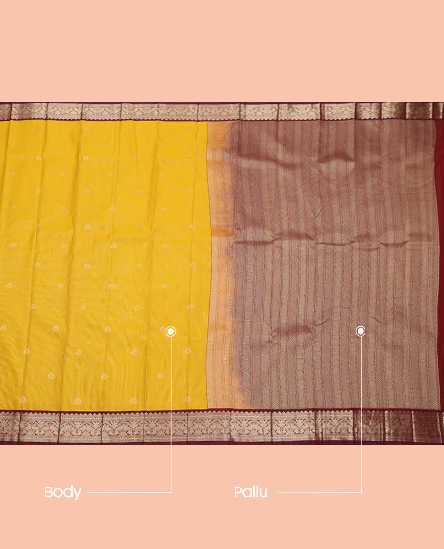 Yellow Budget Silk Saree, Subtly Sparkled with Zari Buttas and Stripes, Complemented by Contrast Traditional Zari Border, Grand Pallu, and Contrast Blouse