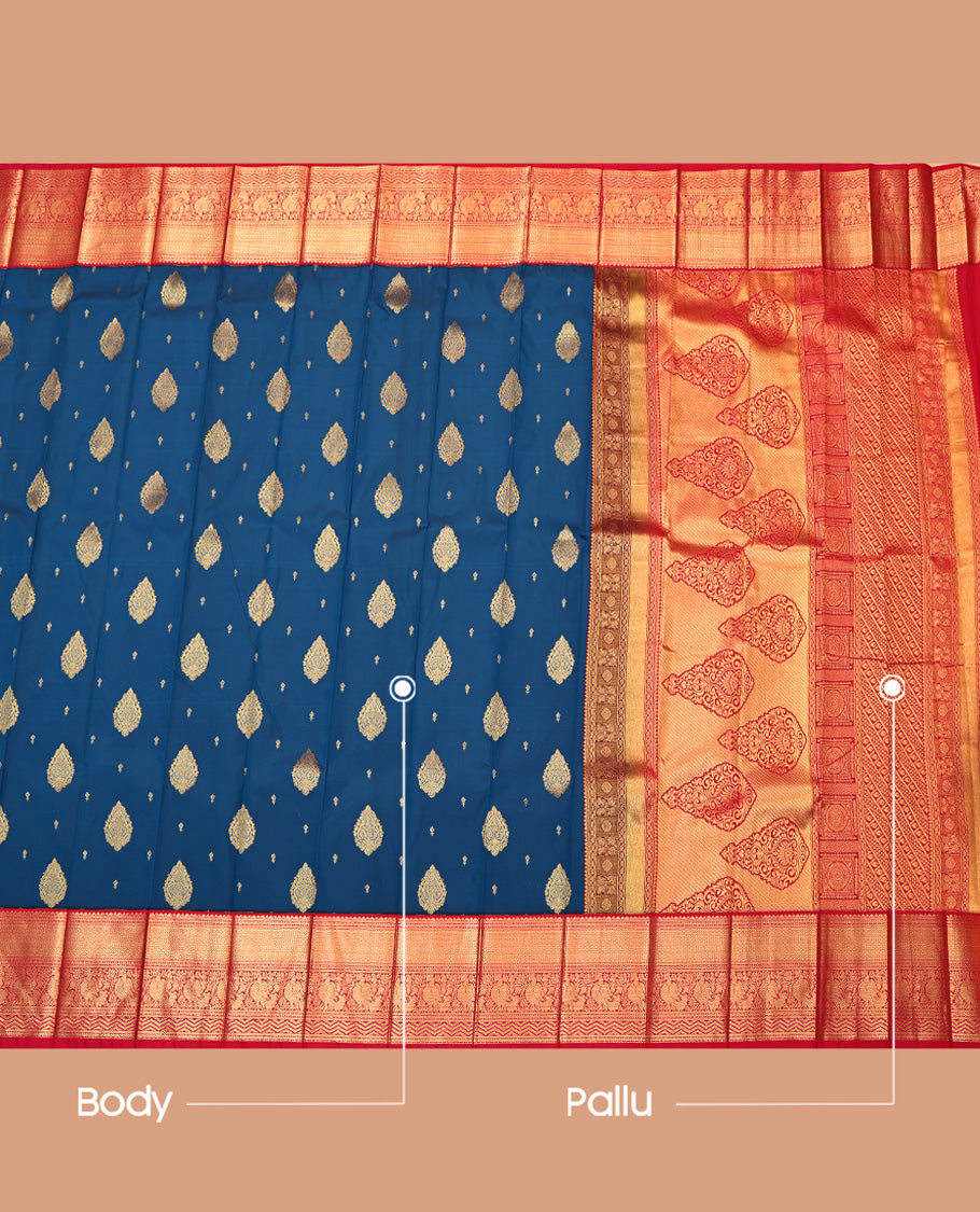 Blue Budget Silk Saree, Embellished with Zari Buttas, Complemented by Contrast Traditional Zari Border, Grand Pallu, and a Contrast Blouse