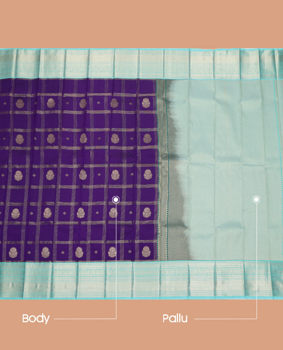 Violet Budget Silk Saree, Boldly Accentuated with Zari Buttas and Checks, Complemented by a Contrast Traditional Zari Border, Sparsely Woven Pallu, and Contrast Blouse