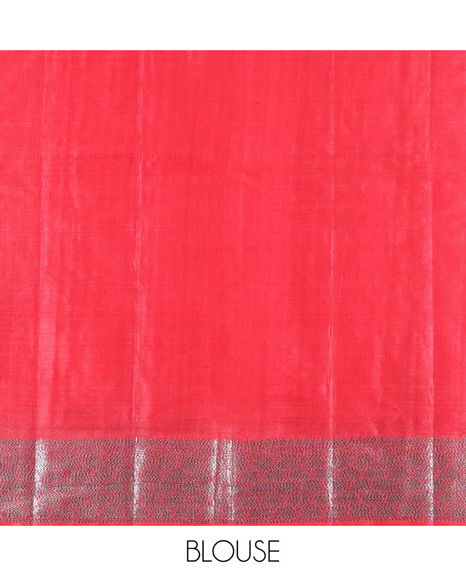 Red Tusser Silk Saree, Decorated with Floral Jaal Jacquard Design, a Zari Border, Intricate Pallu, and a Matching Blouse