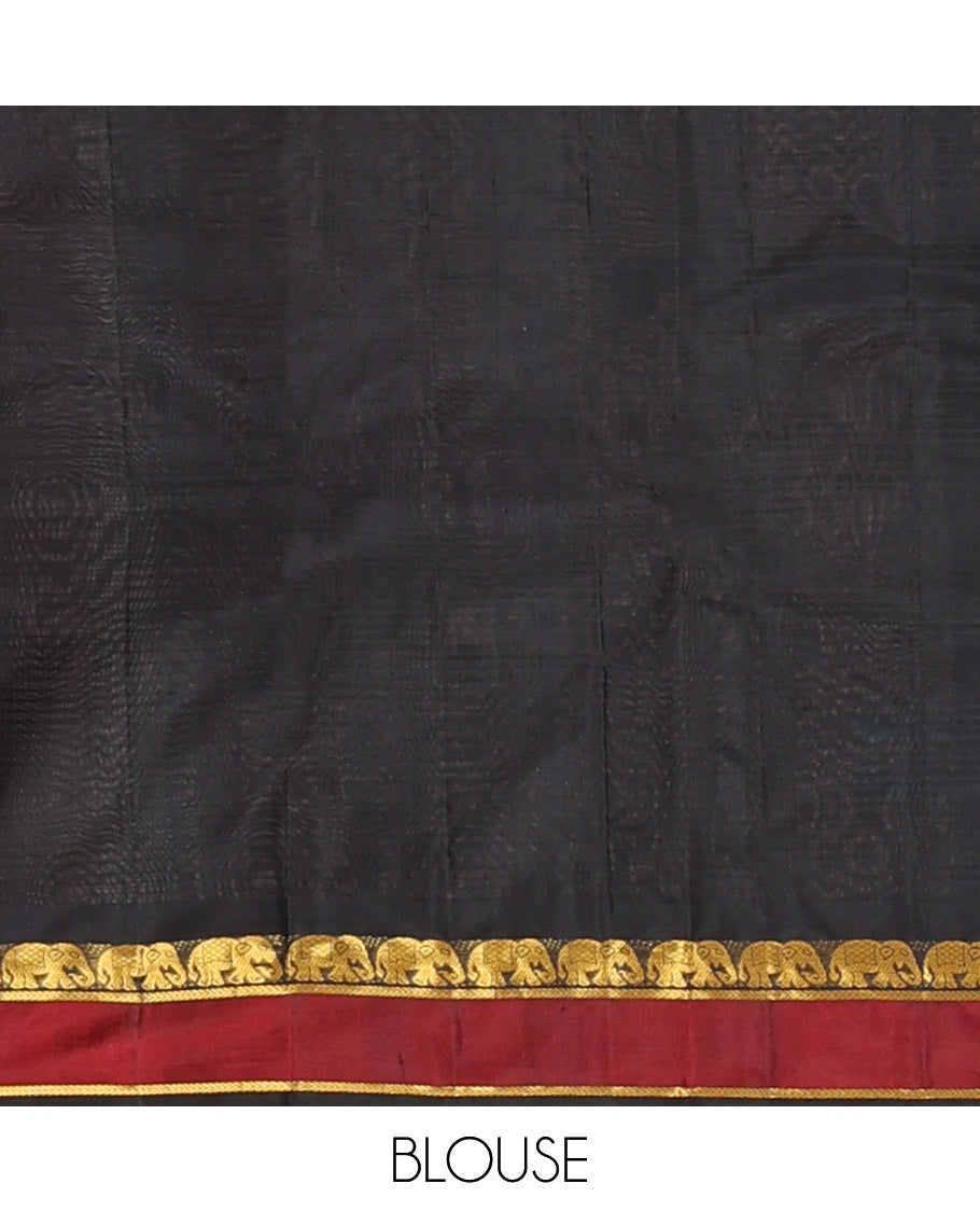 Rust Vazhaipoo Striped Kanchipuram Silk Saree, Complemented by a Contrast Rettai Pettu Border Featuring Yaanai, and Kathir Designs, Sparsely Zari Woven Pallu, and Paired with a Contrast Blouse