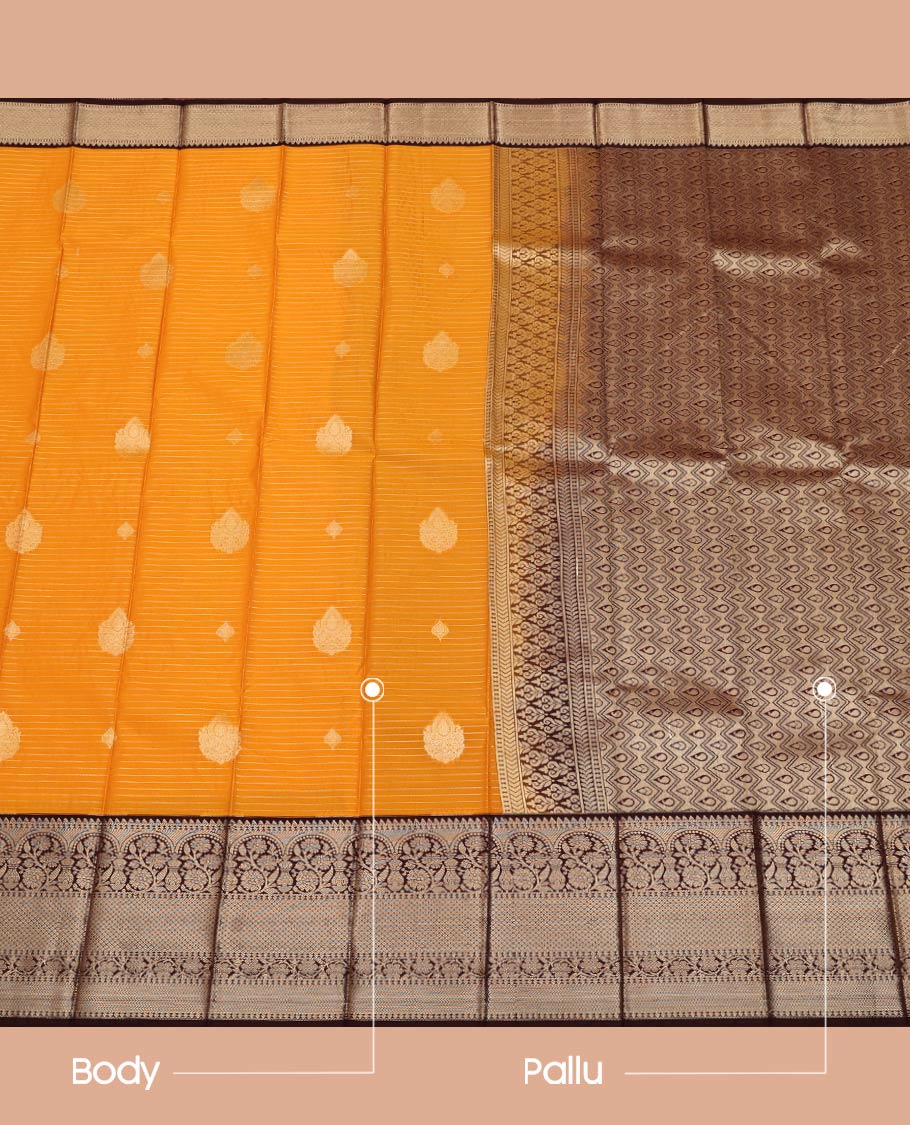 Orange Budget Silk Saree,  Accentuated with Zari Buttas and Stripes on Its Body, Complemented by a Contrast Traditional Zari Design Border, a Grand Pallu of Paisley and Chevron Designs, and Paired with a Contrast Blouse