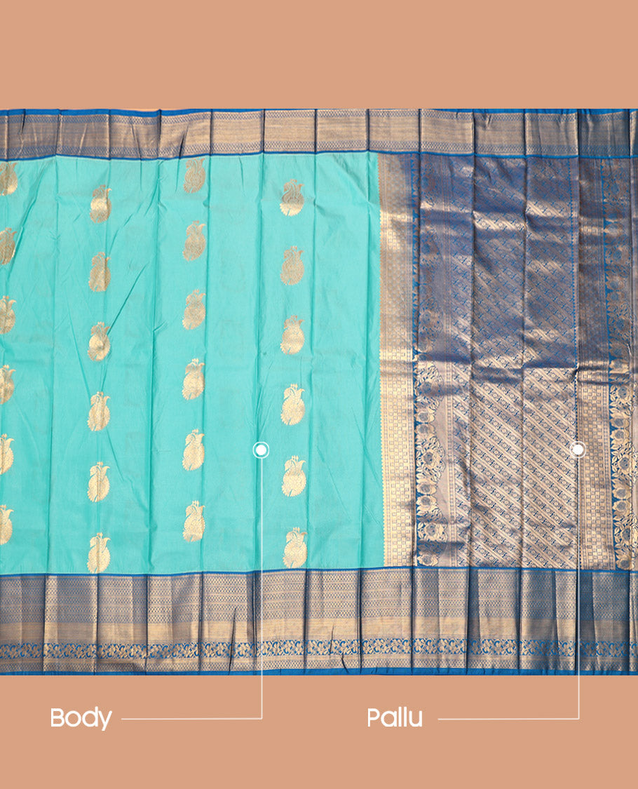 Blue Budget Silk Saree, Delicately Woven with Zari Buttas, Complemented by a Contrast Traditional Zari Border, Intricate Pallu, and a Contrast Blouse