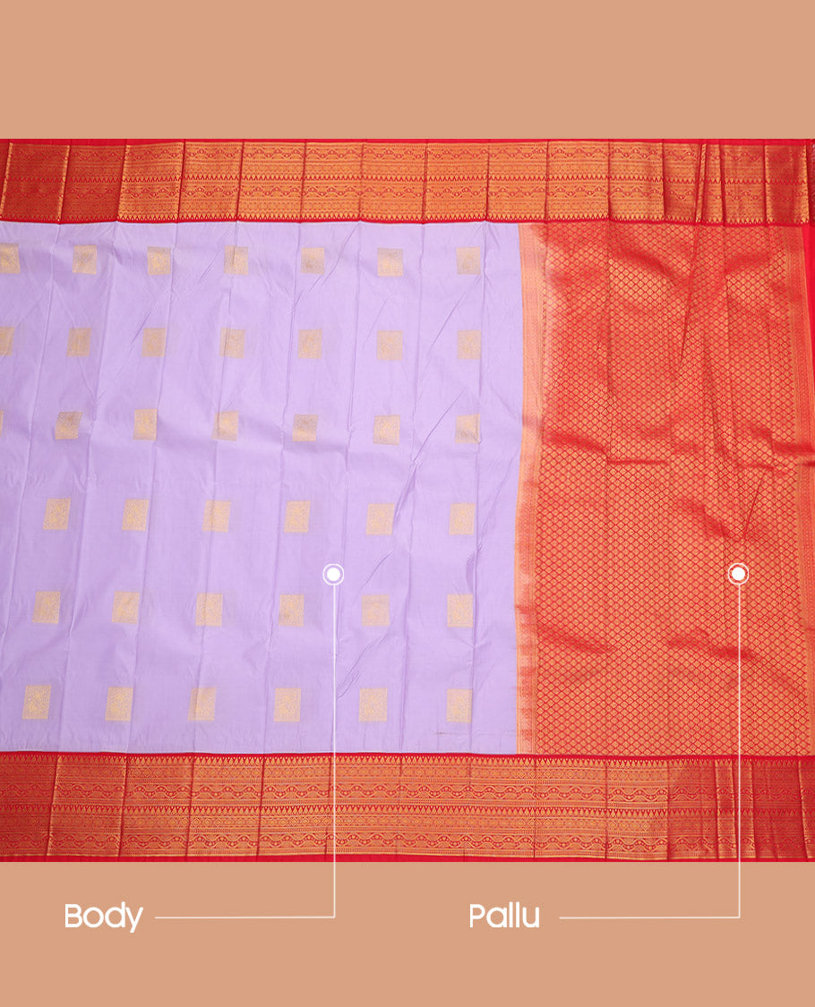 Lavender Budget Silk Saree, Sparsely Sparkled with Zari Buttas, Complemented by a Contrast Traditional Zari Border, Grand Pallu, and a Contrast Blouse