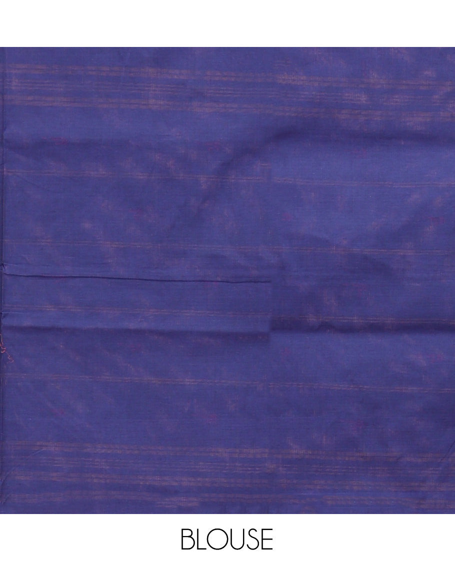 Dark Blue Chettinad Cotton Saree, Steeped with Muniya Buttas On Its Body, Complemented by a Contrast Traditional Muniya Border, Pallu of Stripes, and Paired with a Matching Blouse