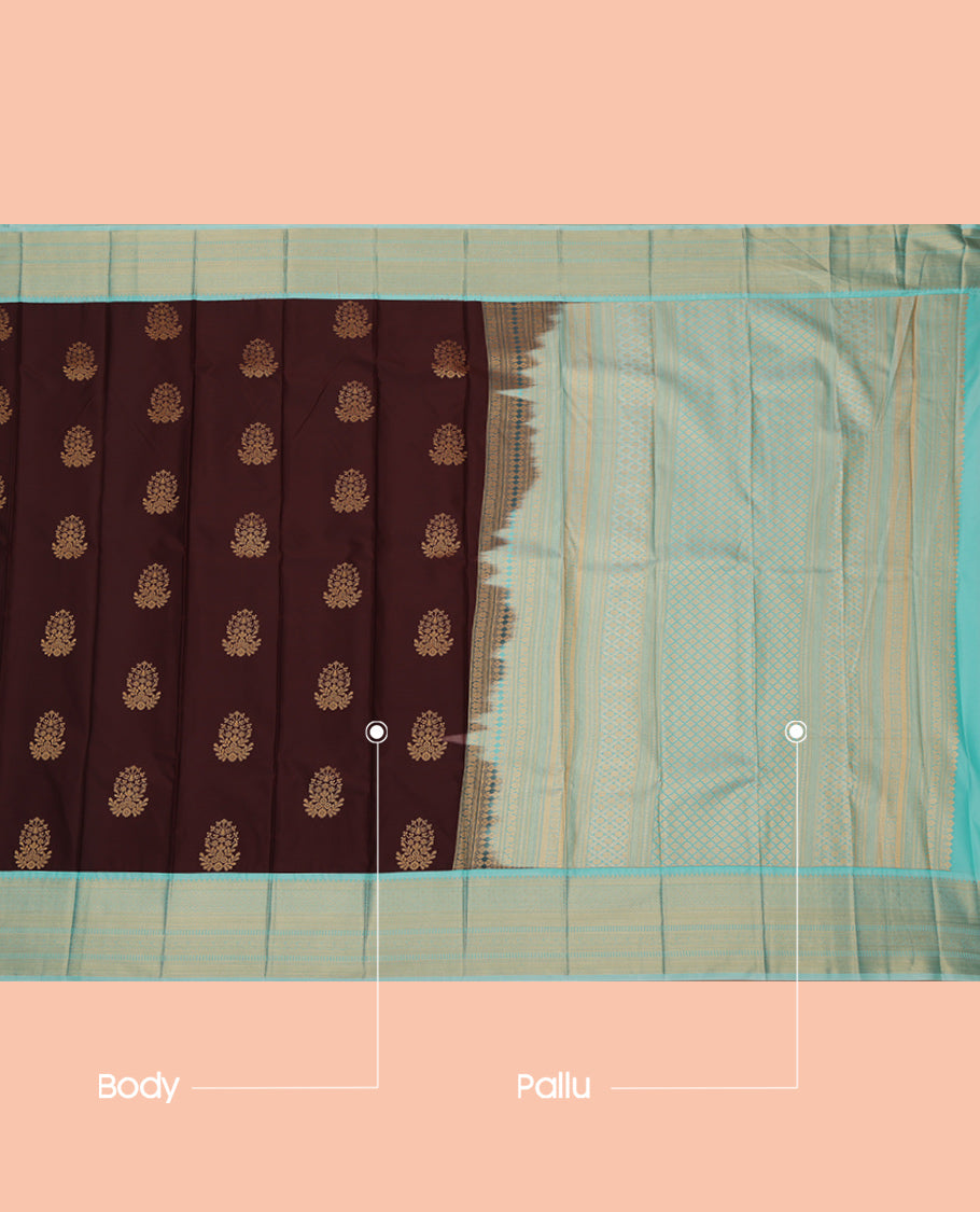 Brown Budget Silk Saree, Beautifully Bedecked with Zari Buttas, a Contrast Traditional Zari Border, Intricate Pallu, and a Contrast Blouse