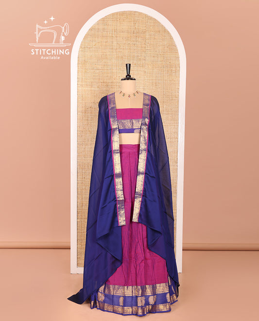 Magenta and Blue Sungudi Cotton Half-Saree Featuring Plain Skirt, Adorned with a Contrast Traditional Motifs Woven Zari Border of Annam Motifs, Paired with a Matching Blouse, and Contrast Syska Georgette Dhavani with Zari Border