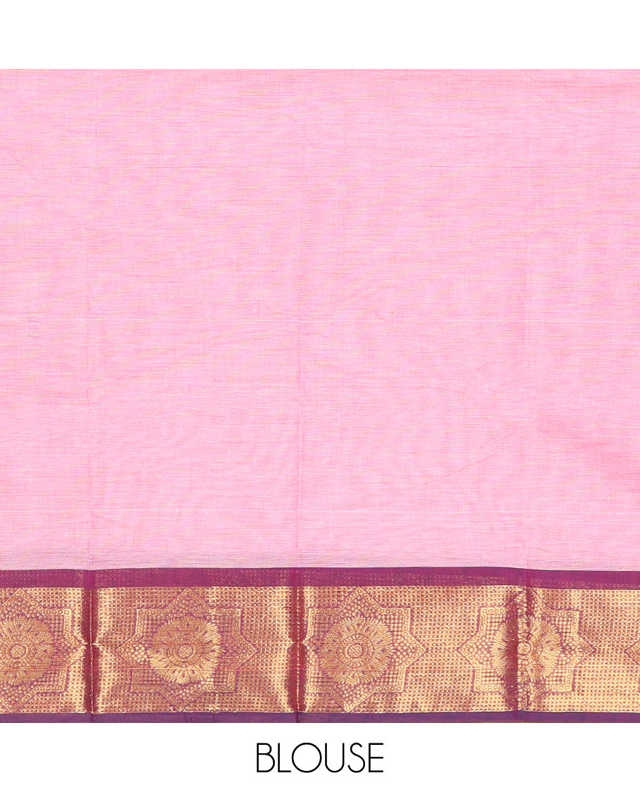 Pink Chettinad Cotton Saree, Subtly Sparkled with Buttas All Over Its Body, Complemented by Contrast Traditional Zari Design Border, Pallu of Stripes and Buttas, and Paired with a Matching Blouse