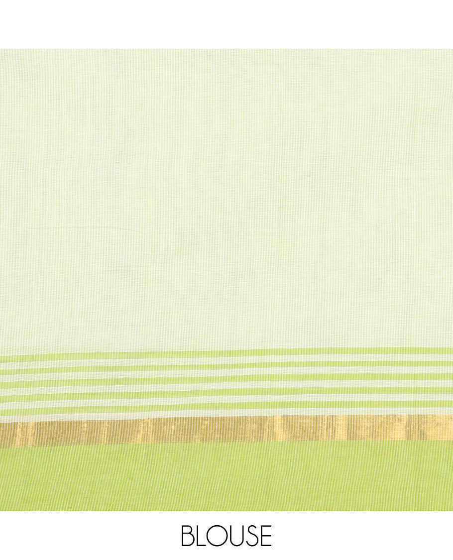 Green Chirala Cotton Saree, Elevated with Floral and Deer Motifs, a Contrast Deer Motifs Border, Striped Pallu, and a Matching Blouse
