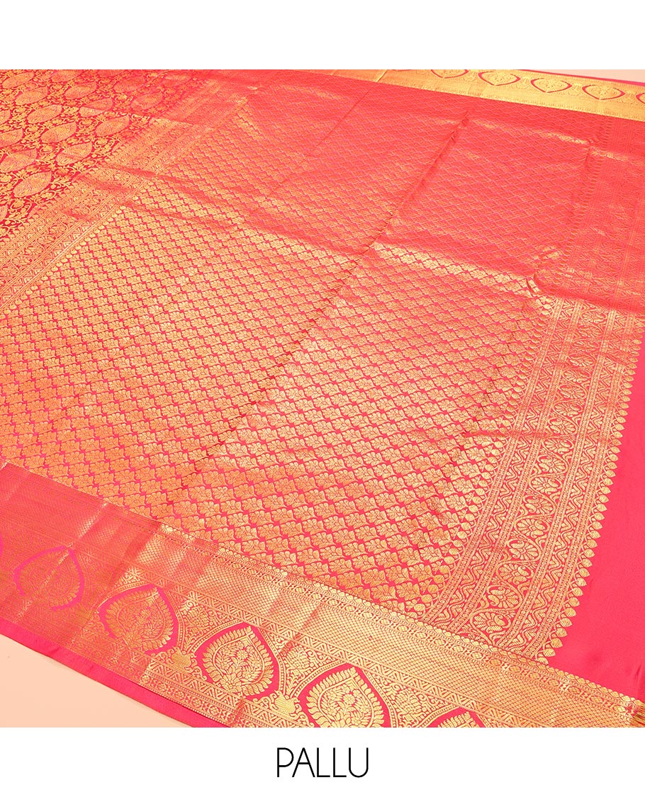 Red Kanchipuram Wedding Silk Saree, Highlighted with Jacquard Design, Zari Border of Traditional Designs, Grand Pallu, and Matching Blouse
