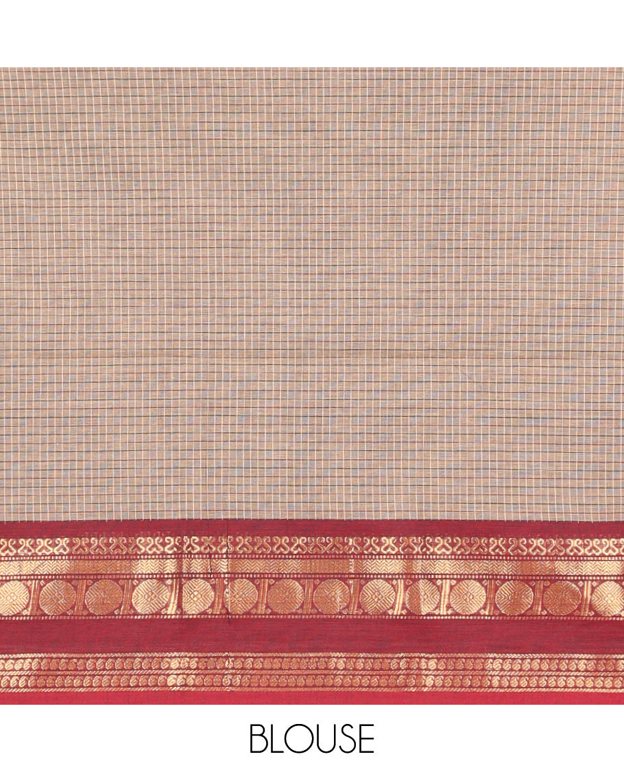 Grey Chettinad Cotton Saree, Subtly Sparkled with Checks, Contrast Rettai Pettu Traditional Rettai Pettu Border, Striped Pallu, and a Matching Blouse