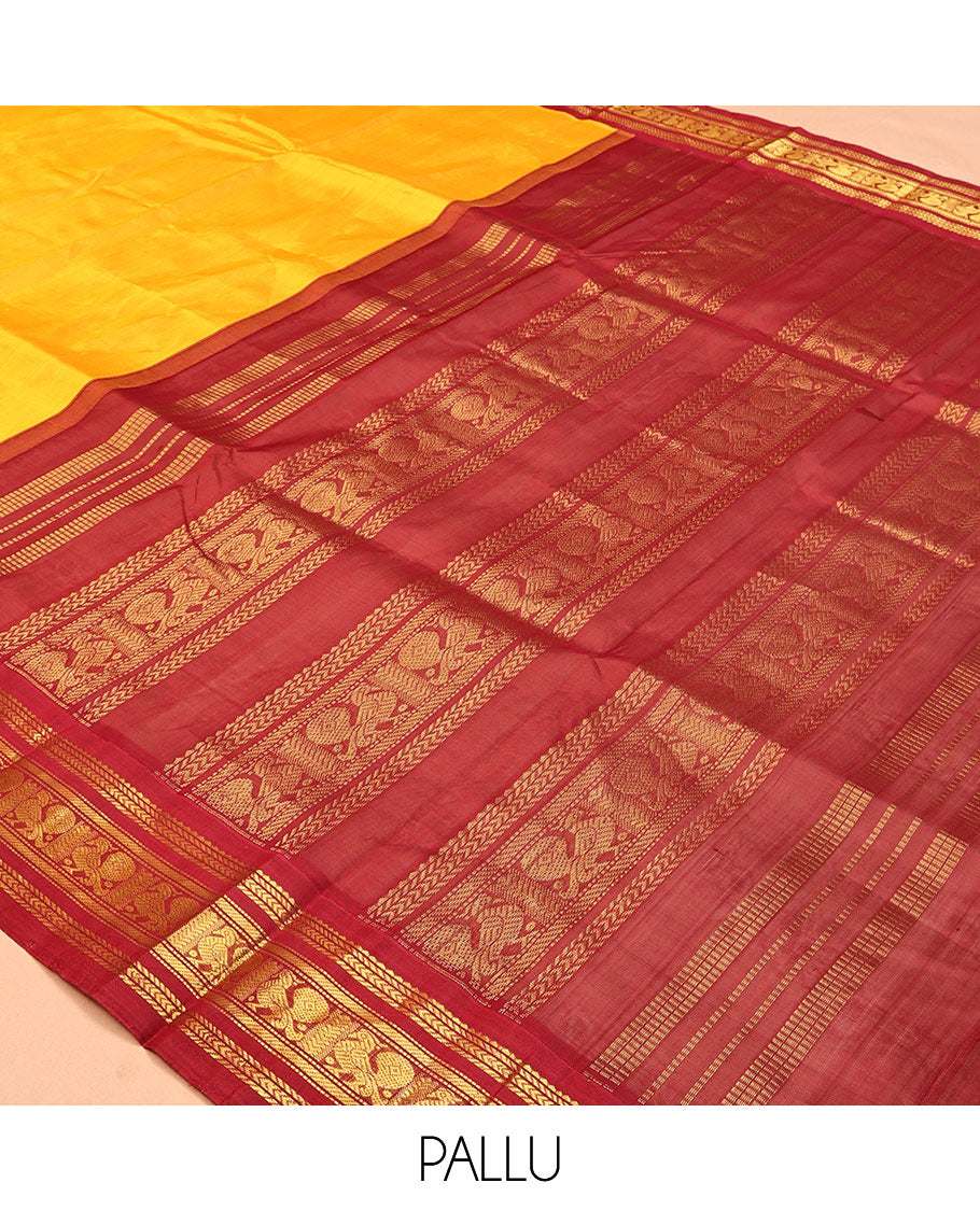 Yellow Plain Kuppadam Silk Saree, a Contrast Traditional Zari Border, Grand Pallu, a Contrast Blouse