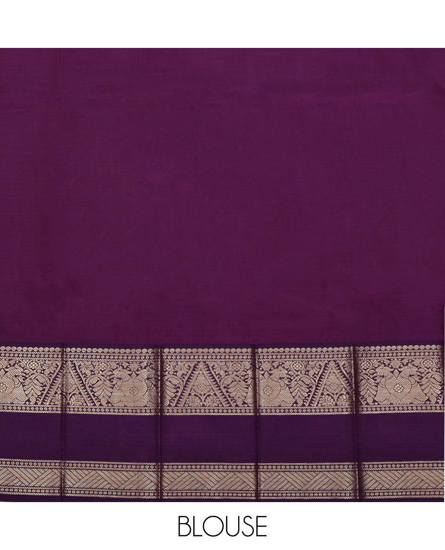 Rust Budget Silk Saree, Elevated with Zari Buttas and Stripes on Its Body, Complemented by a Contrast Traditional Zari Border of Gandaberunda Designs, Jaal Pallu, and Paired with a Contrast Blouse