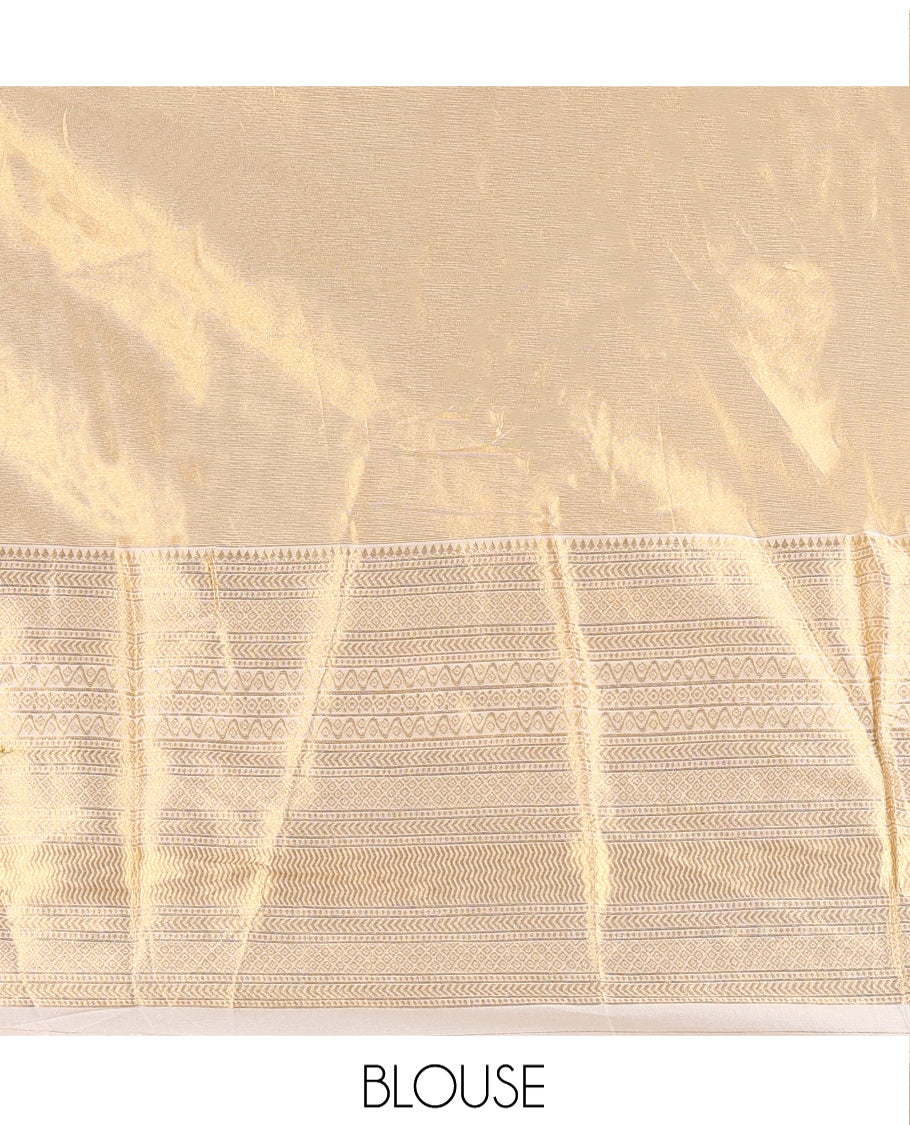 Gold Half-Saree Set Featuring Golden Tissue-Silk Skirt, Traditional Zari Border, Matching Blouse, Semi-Banarasi Dhavani