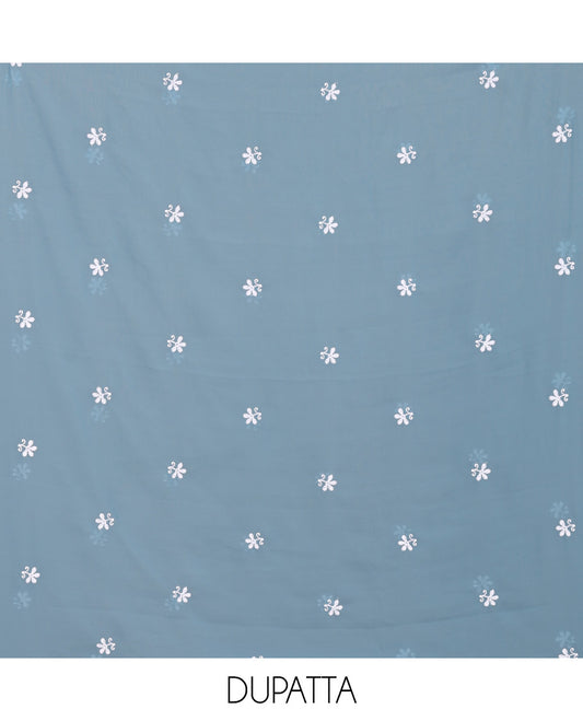 Ferozi Blue Material Chudidar Set Featuring Chikankari-Style Paisley Vine Design, Thread-Embroidered Georgette Top, Subtly Made Plain Santoon Material Bottom, and a Floral Motifs-Embroidered Georgette Scallop-Bordered Dupatta