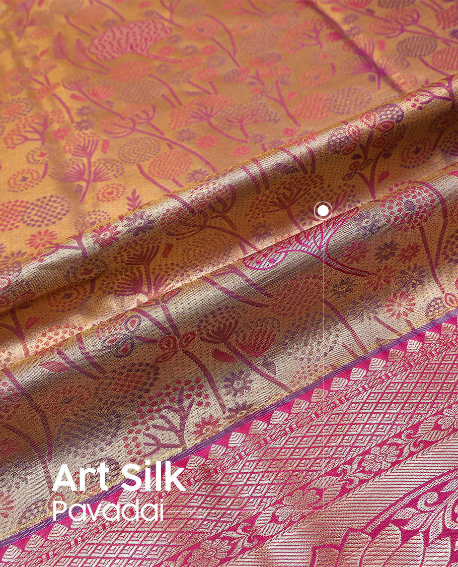 Sandal art silk pavadai material set, floral meenakari jacquard pavadai, contrast red blouse & traditional zari border
