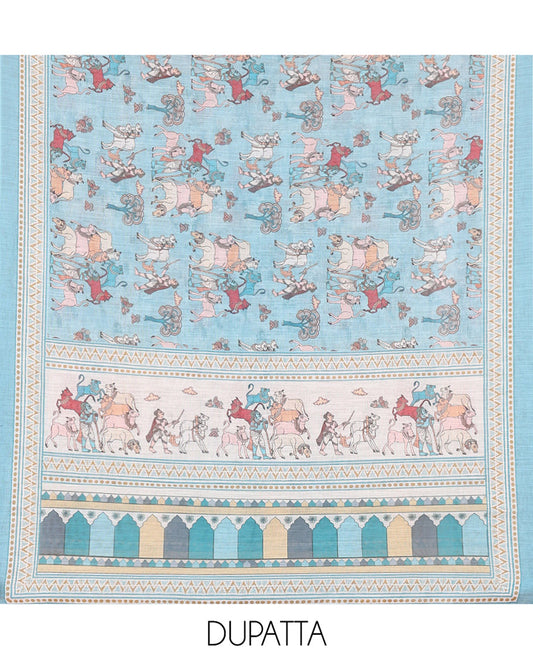 Blue Material Churidar Set, Sparsely Woven with Buttas and Pichwai Cow Printed Semi-Linen Top, Comes with a Contrast Plain Santoon Bottom, Santoon Dupatta of Unique Pichwai and Human Figurines Print