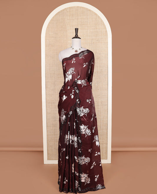 Maroon leaf motifs foil printed designer saree, scallop black micro-stone work border
