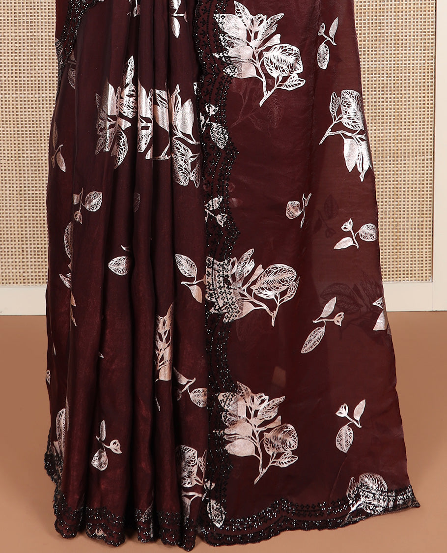 Maroon leaf motifs foil printed designer saree, scallop black micro-stone work border