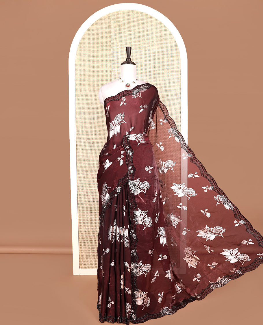 Maroon leaf motifs foil printed designer saree, scallop black micro-stone work border