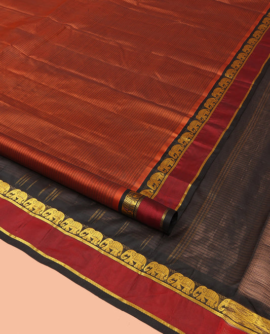 Rust Vazhaipoo Striped Kanchipuram Silk Saree, Complemented by a Contrast Rettai Pettu Border Featuring Yaanai, and Kathir Designs, Sparsely Zari Woven Pallu, and Paired with a Contrast Blouse