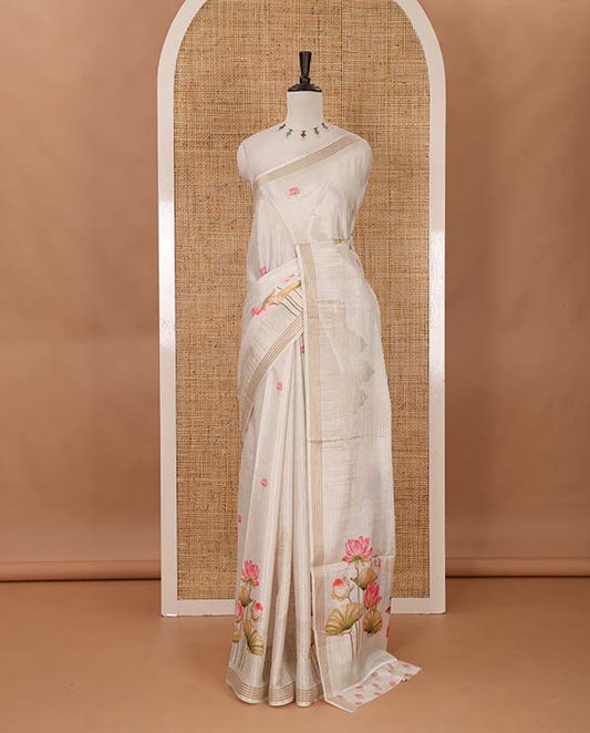 Cream pichwai lotus & mughal arches printed soft tussar saree,zari border, pichwai lotus & Radha Krishna printet pallu & pichwai lotus printed blouse