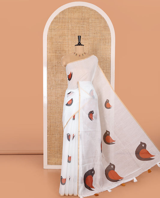 Borderless White Chanderi Cotton Saree Featuring Bird Motifs Printed All Over Its Body, Subtly Printed with Bird Motifs, and Contrast Bird Motifs Printed Blouse