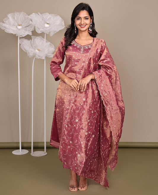 Pink Ready-Made Tissue Suit, Accentuated with Embroidered Leaf-Neckline, 3/4 Sleeves, and a Straight-Cut Top, Paired with Straight-Cut Pants and a Floral Vine Embroidered Scallop Dupatta