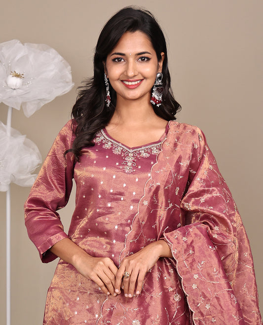 Pink Ready-Made Tissue Suit, Accentuated with Embroidered Leaf-Neckline, 3/4 Sleeves, and a Straight-Cut Top, Paired with Straight-Cut Pants and a Floral Vine Embroidered Scallop Dupatta