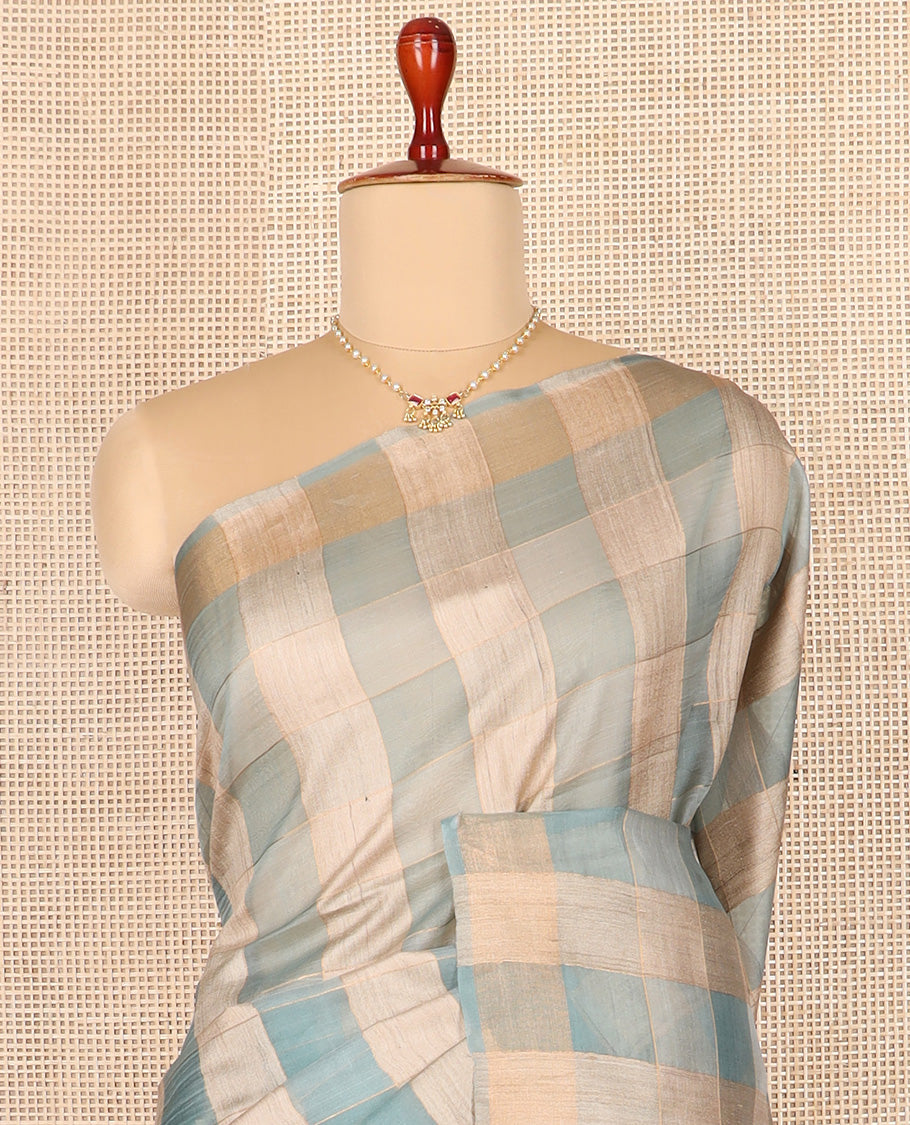 Borderless multi-color checked tussar saree, contrast intricately designed pallu