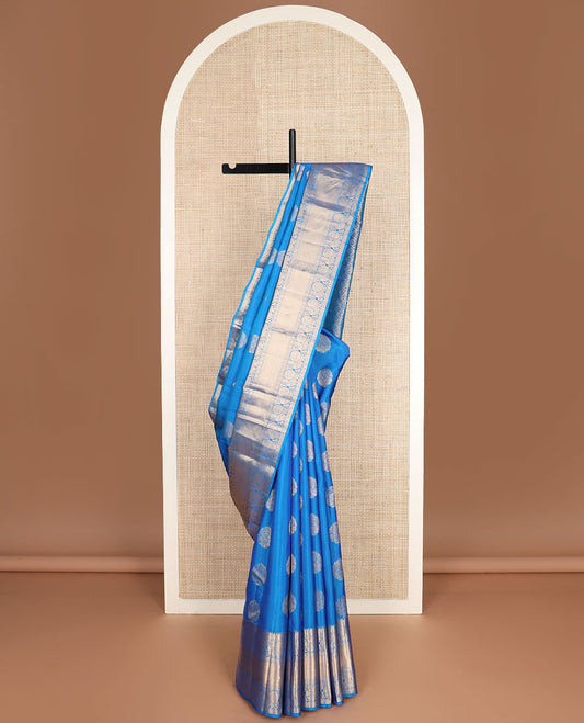 Blue floral buttas vasundhara silk mix saree, chakram butta enclosed checked pallu & border of paisa & mayil designs