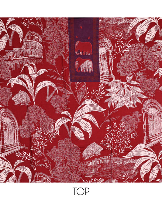 Red Material Chudidar Set, Adorned with Tropical Floral and Building Print and Neck Embroidery on Cotton Top, a Contrast Plain Cotton Bottom, and Paired with a Geometric Printed Matching Cotton Dupatta