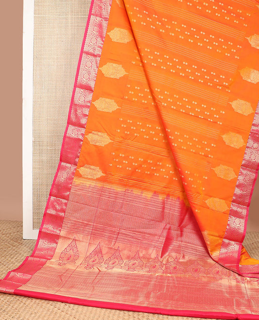 Orange striped, floral design gift saree with contrast zari design border & floral jaal design pallu
