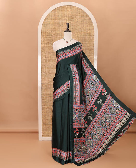 Green plain design modal satin saree, Ajrakh printed border, floral-Ajrakh printed pallu & Ajrakh printed blouse
