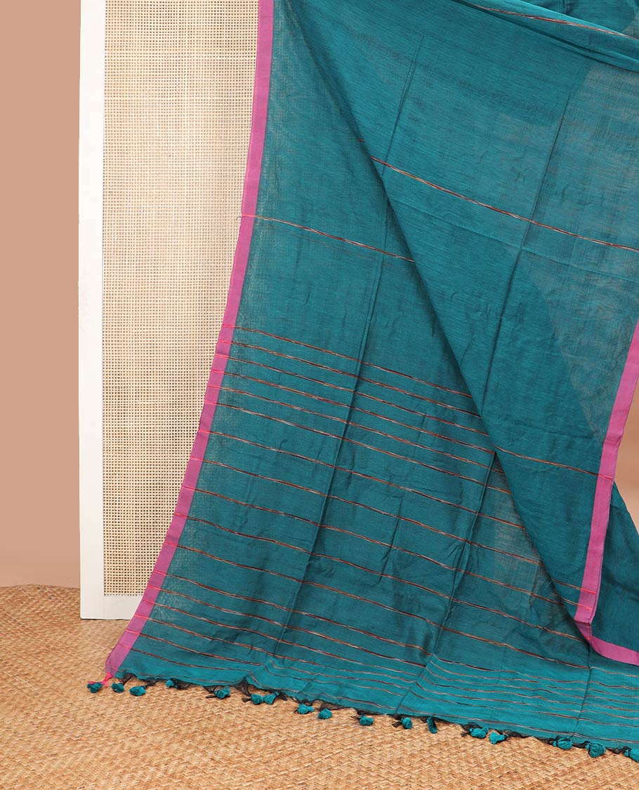 Blue striped khadi cotton saree with contrast striped border