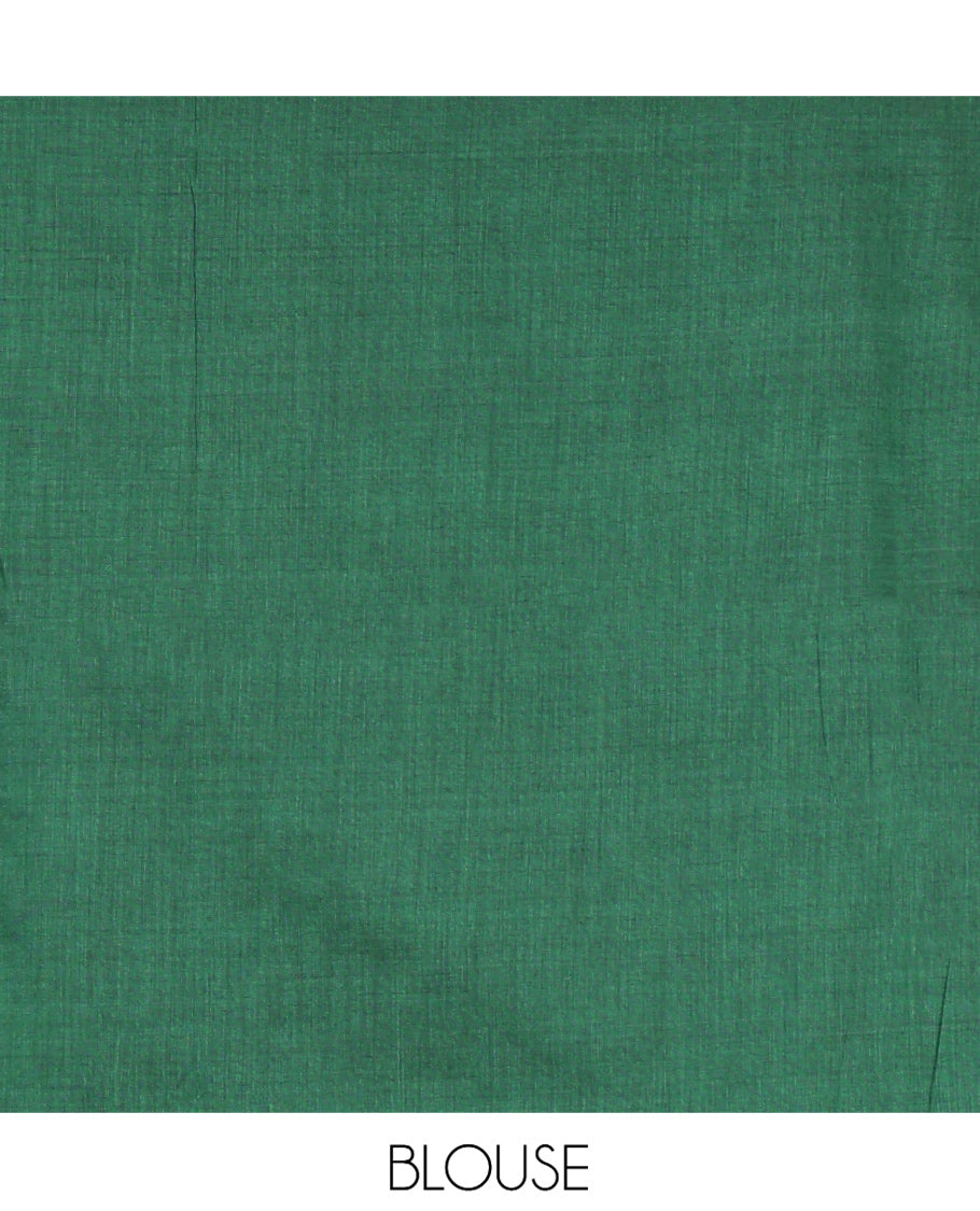 Borderless Peacock Green Khadi Cotton Saree Features Double Stripes, a Self-Pallu of Tassels, and a Matching Blouse