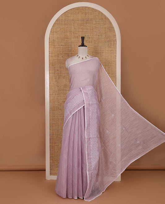 Lavender diamond patterns white resham thread embroidered mercerised cotton saree, lace border, and matching plain blouse