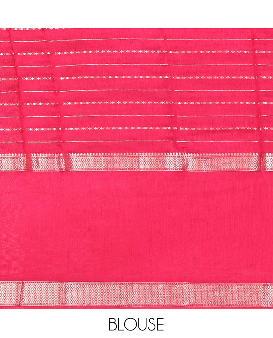 Green Zari Striped Assam Silk Saree, Complemented by a Contrast Traditional Zari Border, Gleaming Zari-Striped Pallu, and a Contrast Blouse