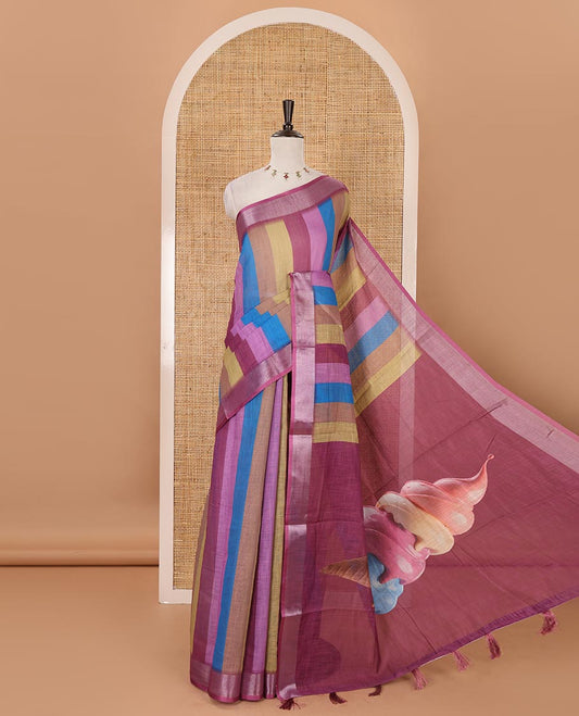 Pink-base colorful vertical stripes printed linen cotton saree, silver zari bavanji border, ice cream motifs printed pallu & contrast printed blouse