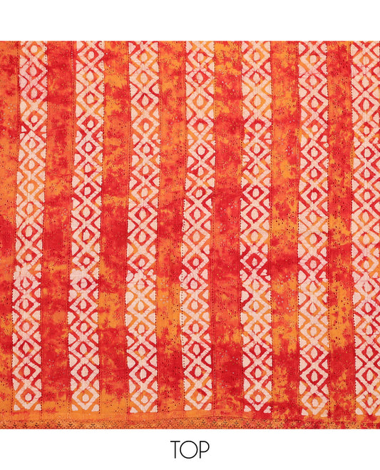 orange chudidhar material set geometric batik printed with embroidery top , batik printed bottom & geometric batik printed dupatta