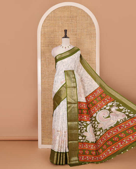 Cream kalamkari floral vine & peacock printed dola silk saree, contrast kanchipuram traditional zari green border & colorful kalamkari printed pallu