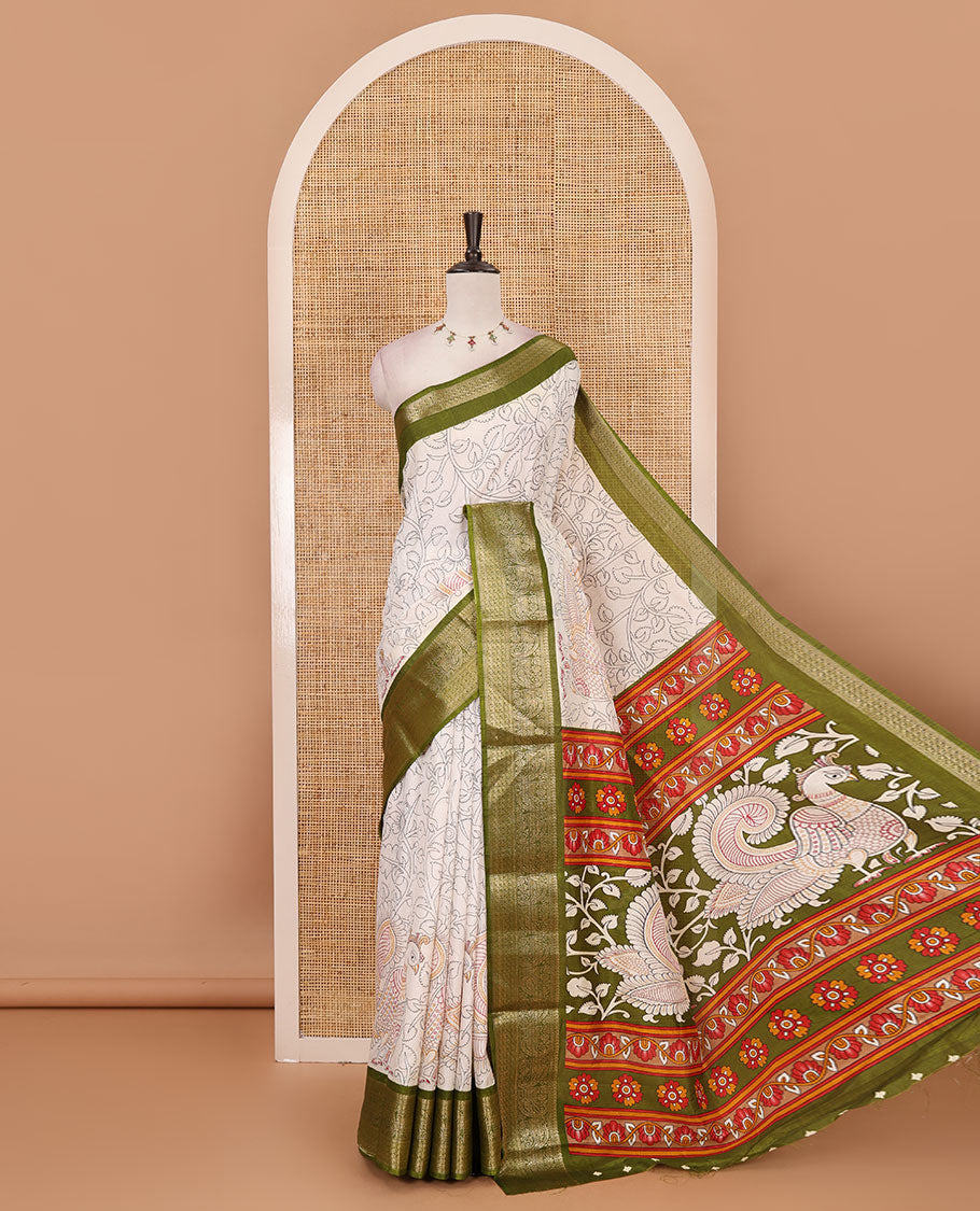 Cream kalamkari floral vine & peacock printed dola silk saree, contrast kanchipuram traditional zari green border & colorful kalamkari printed pallu