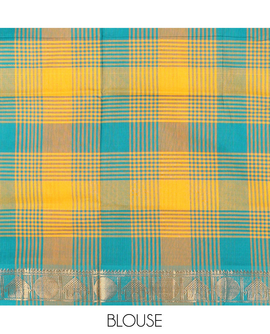 Yellow-Rama Chettinad Cotton Saree, Adorned with Checks, Zari Border of House Motifs, and Matching Blouse
