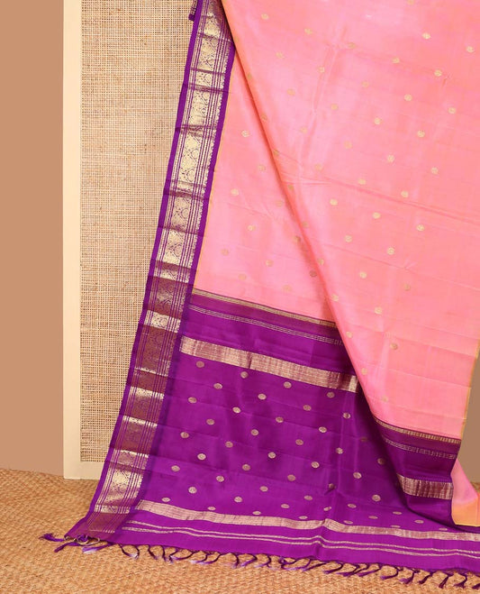 Baby pink buttas kancheepuram silk saree with contrast korvai border of intricate zari design & floral, striped design pallu