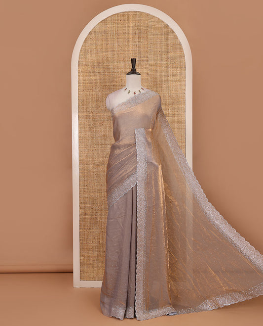 Grey Swarovski crystal stone embedded fendy chiffon saree, scallop Swarovski stone embroidered border, and contrast plain blouse