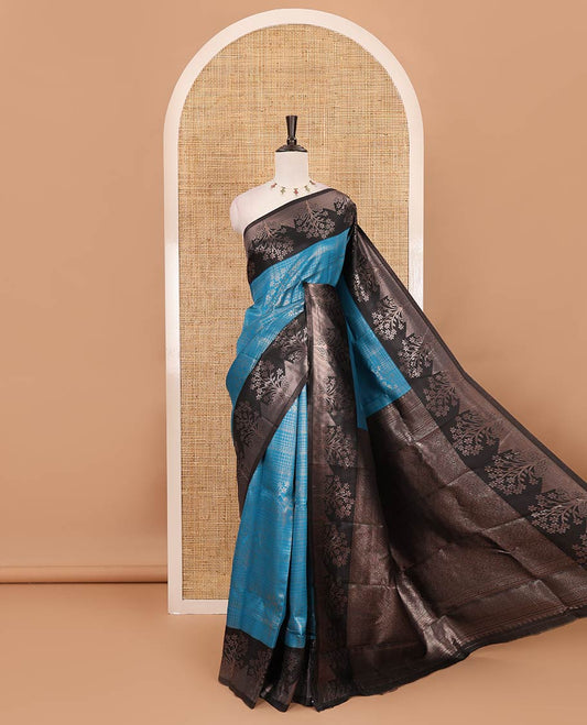 Blue zari checked & floral buttas kanchi silk saree,contrast satin border of floral zari motifs,intrictae pallu & contrast plain blouse