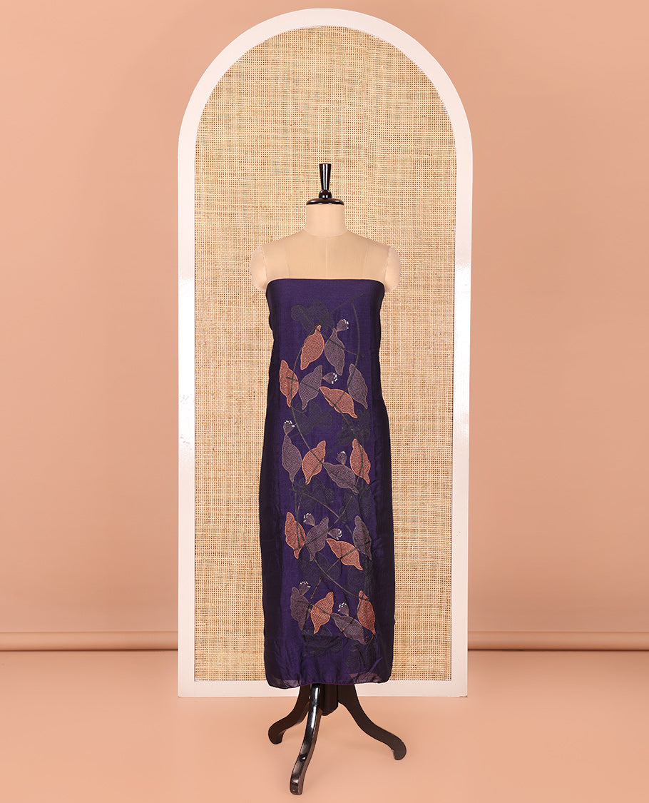 Violet Vichitra Silk Designer Material Chudidar Set, Uniquely Decorated with Floral Cross-Stiched Embroidered Top, A Subtly Plain Santoon Bottom, and Paired with a Georgette Abstract Printed Dupatta