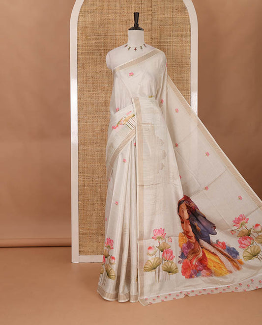 Cream pichwai lotus & mughal arches printed soft tussar saree,zari border, pichwai lotus & Radha Krishna printet pallu & pichwai lotus printed blouse