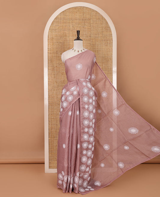 Onion pink star flower motifs chikankari-style embroidered kota check saree, lace border & matching checked blouse