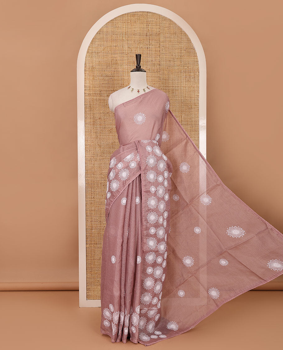 Onion pink star flower motifs chikankari-style embroidered kota check saree, lace border & matching checked blouse